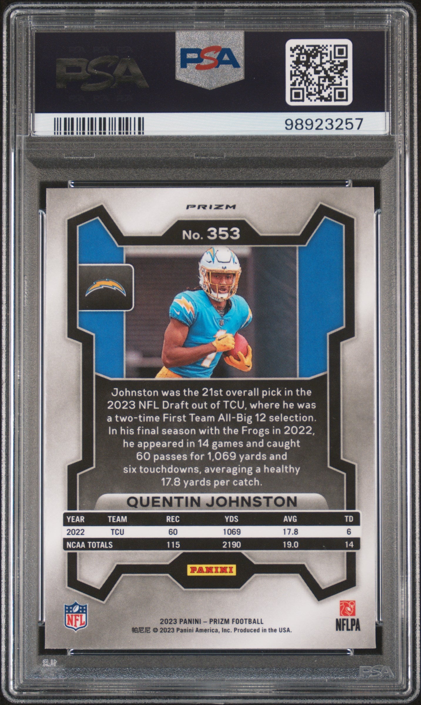 2023 Panini Prizm #353 Quentin Johnston Silver Prizm PSA 9