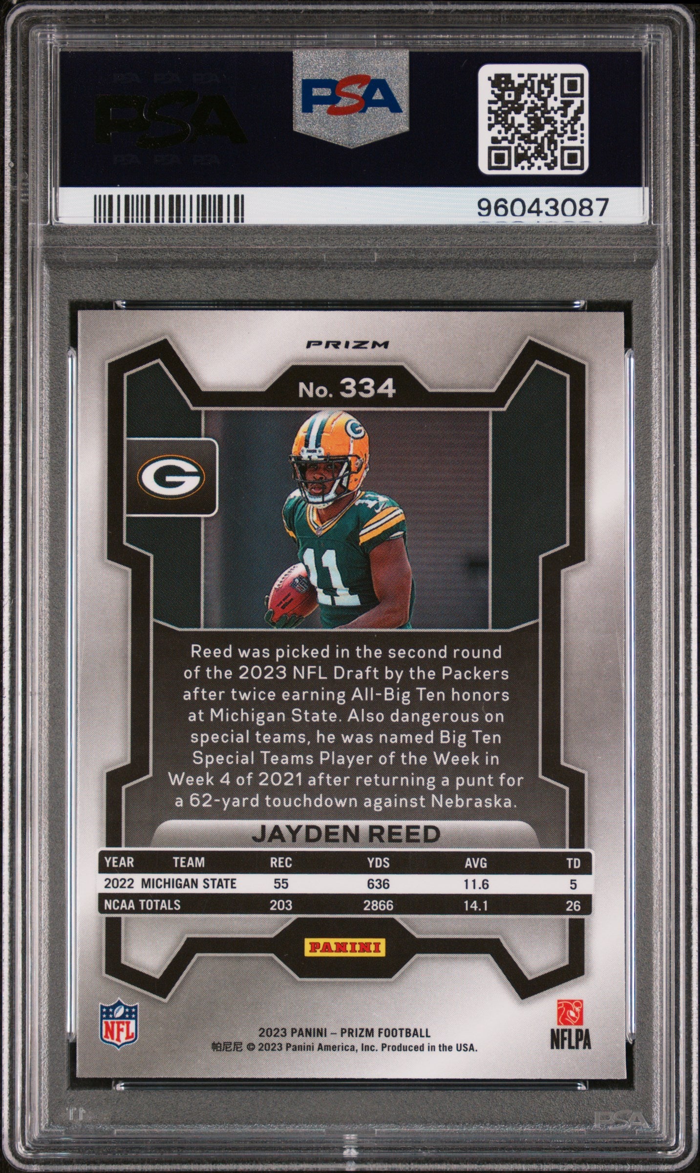 2023 Panini Prizm #334 Jayden Reed Green Wave PSA 8