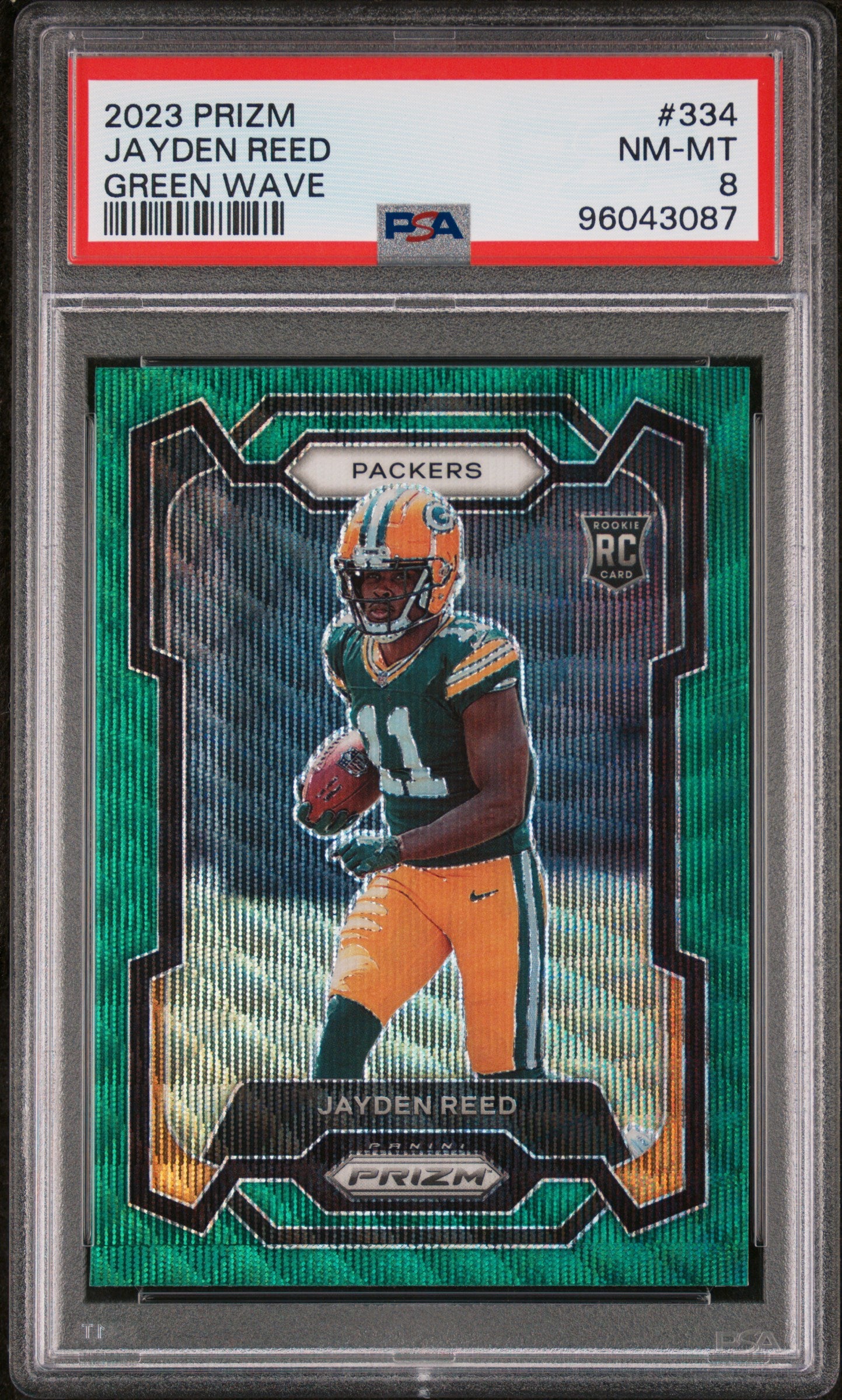 2023 Panini Prizm #334 Jayden Reed Green Wave PSA 8