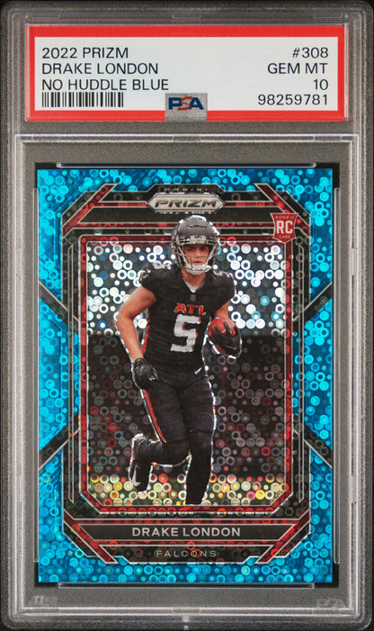 2022 Panini Prizm #308 Drake London No Huddle Blue PSA 10
