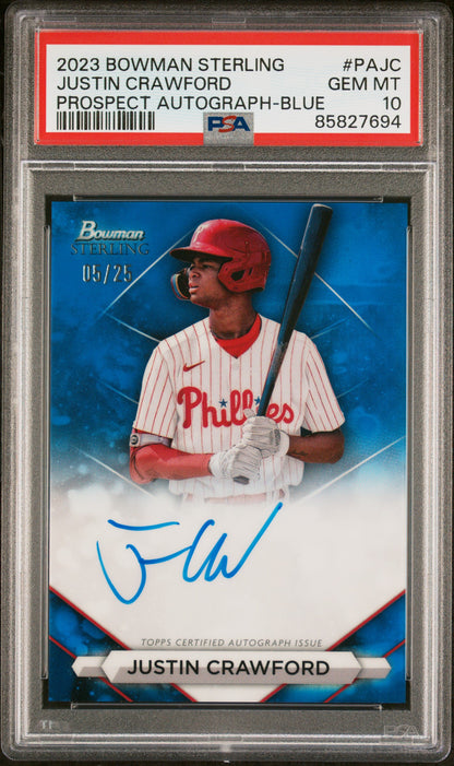 2023 Bowman Sterling Prospect Autographs #PAJC Justin Crawford-Blue/25 PSA 10