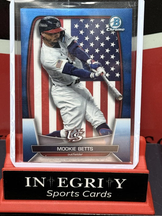 2023 Bowman Chrome #WBC-86 Mookie Betts WBC Flag Blue Refractor Variations #/75