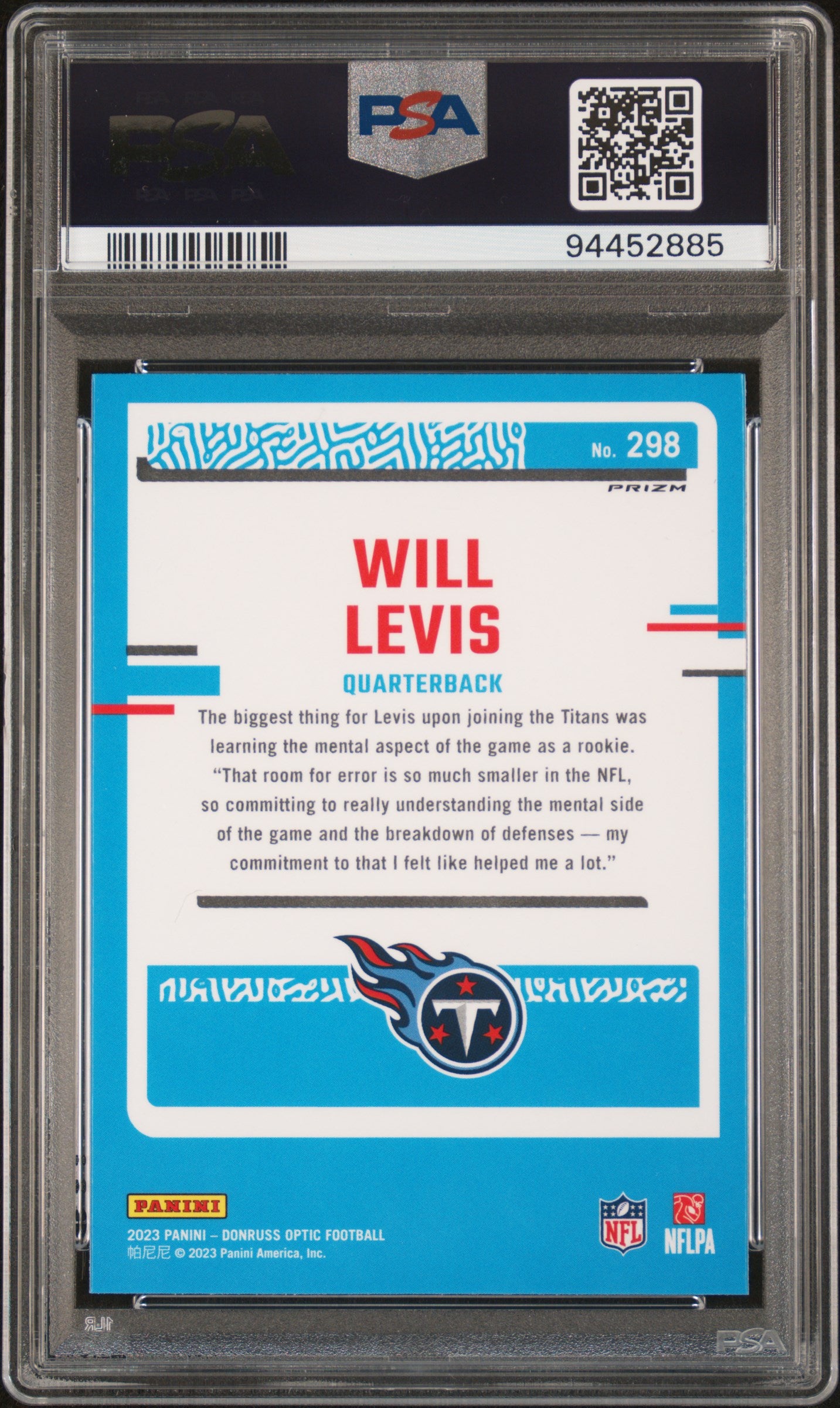 2023 Panini Donruss Optic #298 Will Levis Purple Shock PSA 9