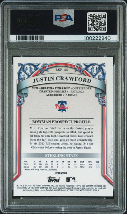 2024 Bowman Sterling #BSP44 Justin Crawford Refractor/199 PSA 10
