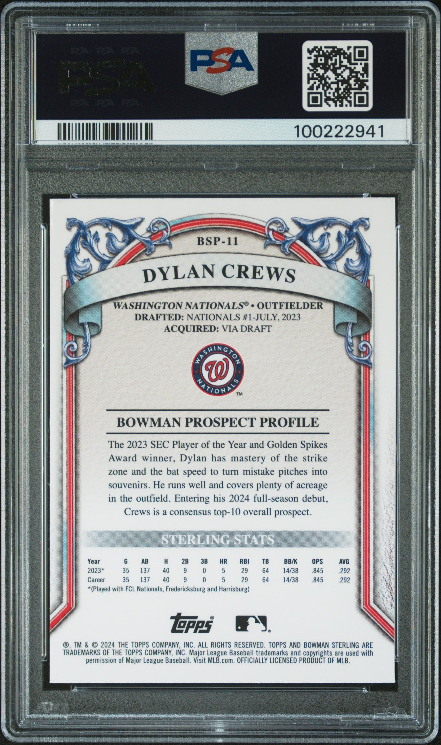 2024 Bowman Sterling Prospects #BSP11 Dylan Crews Prospects PSA 8
