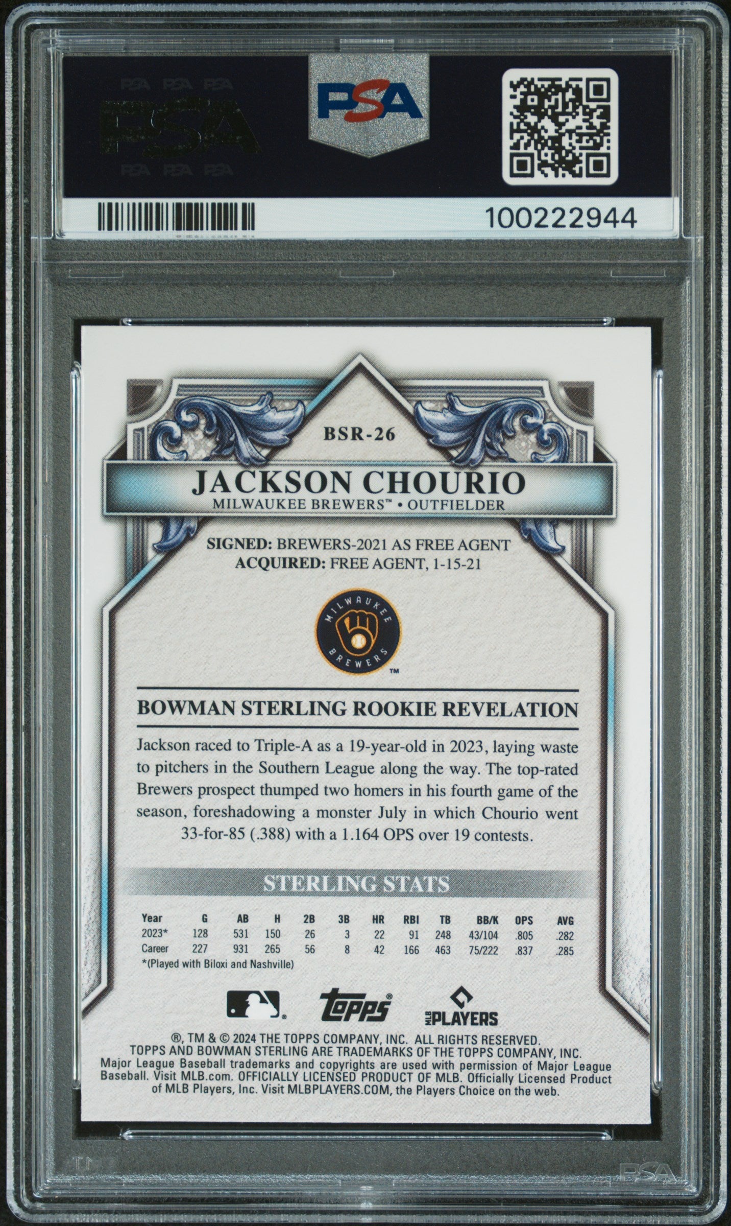 2024 Bowman Sterling Rookies #BSR26 Jackson Chourio-Mini Diamond/150PSA 9