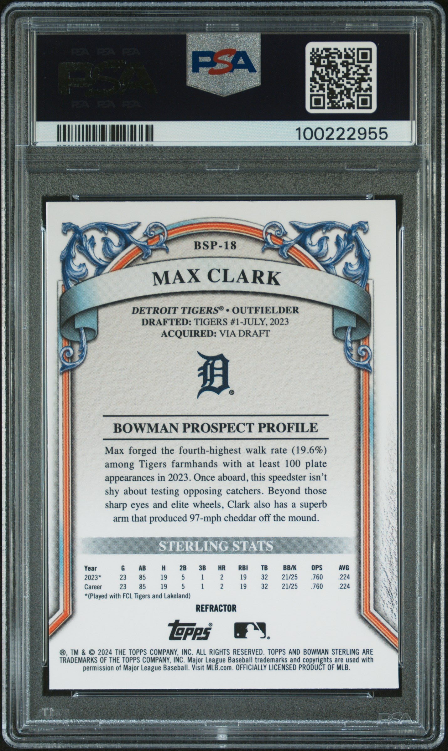 2024 Bowman Sterling Prospects #BSP18 Max Clark Prospects-Refractor PSA 9