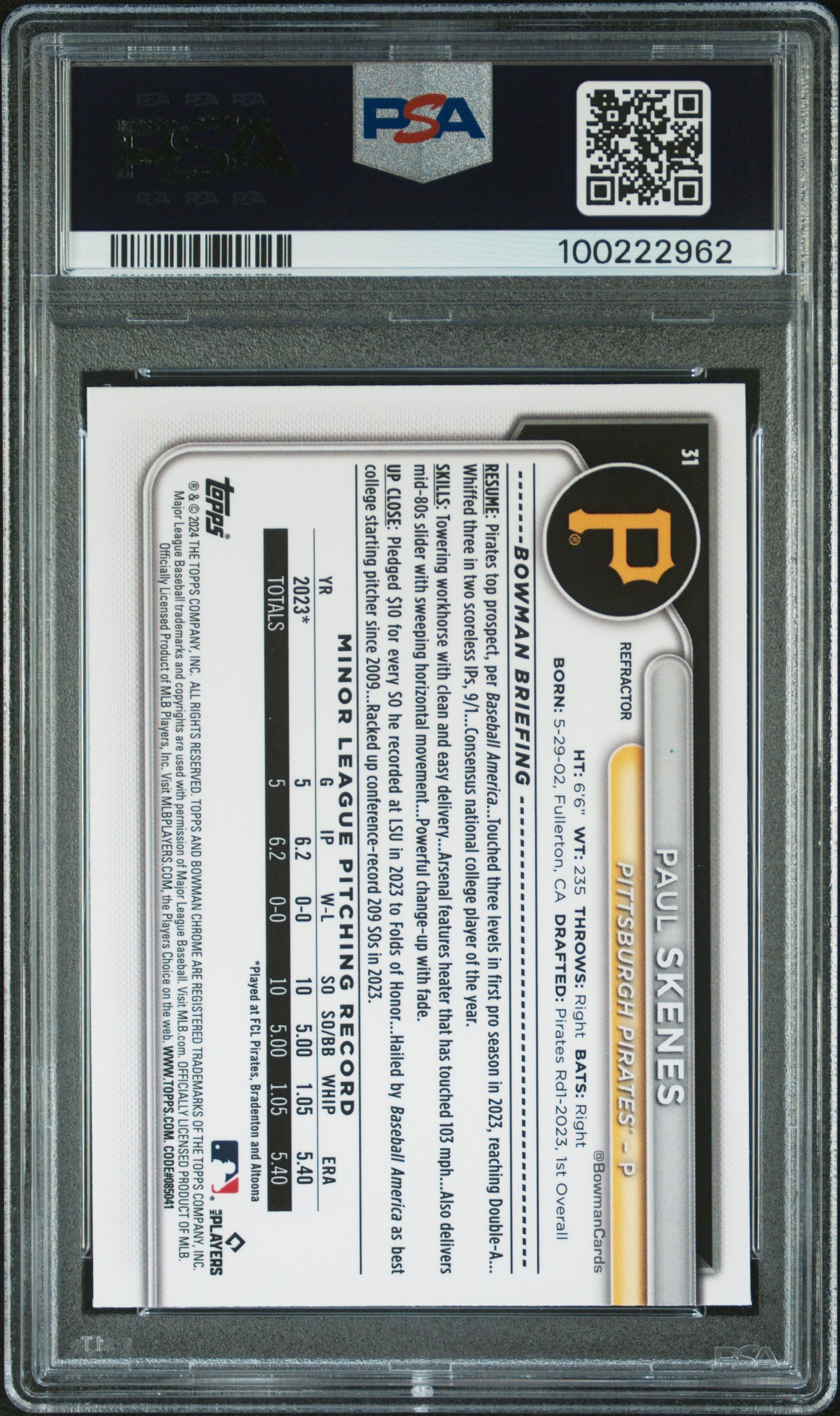 2024 Bowman Chrome #31 Paul Skenes Refractor PSA 10