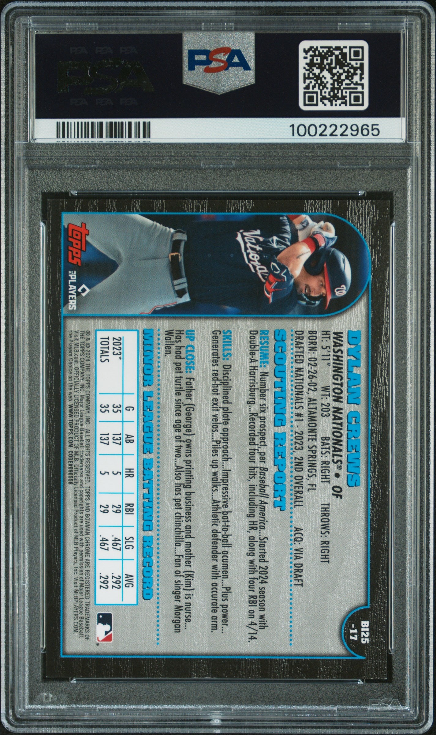 2024 Bowman Chrome 1999 25th Anniversary International #17 Dylan Crews/100 PSA 9