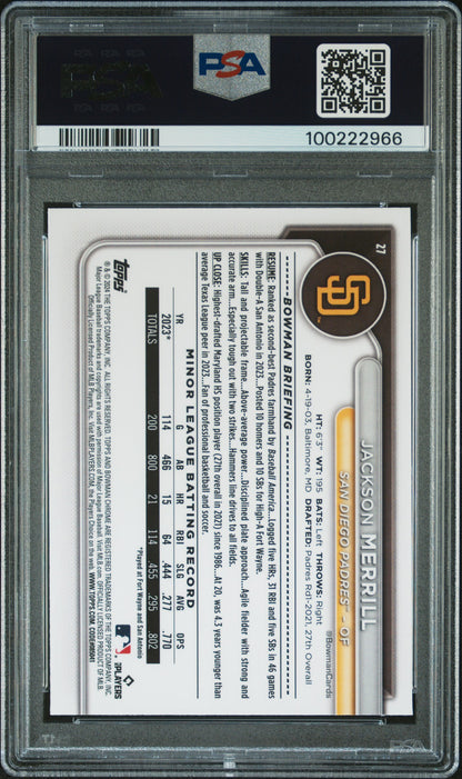 2024 Bowman Chrome #27 Jackson Merrill Fuchsia Refractor PSA 10