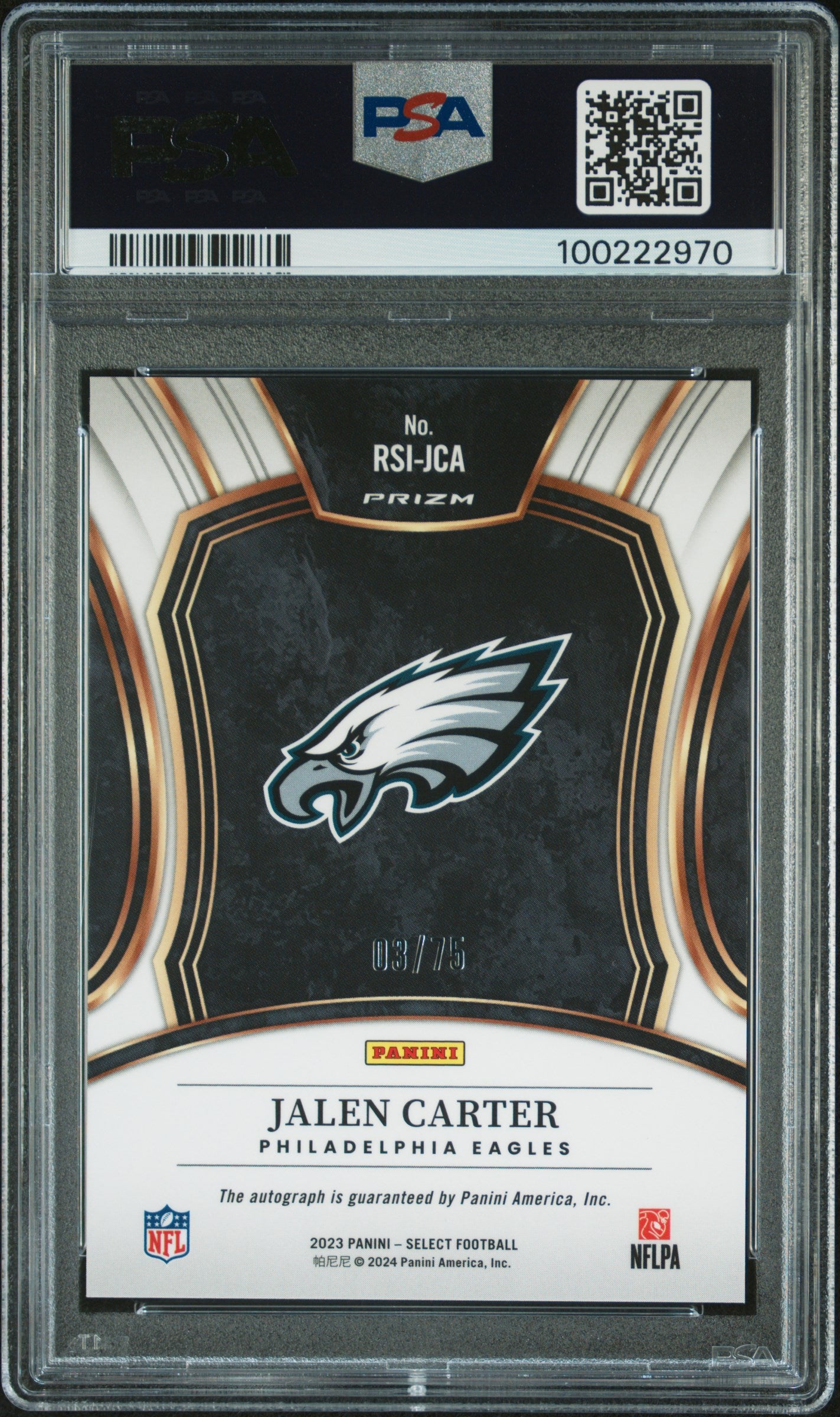 2023 Panini Select Rookie Signatures #RSIJCA Jalen Carter Maroon/75 PSA 10