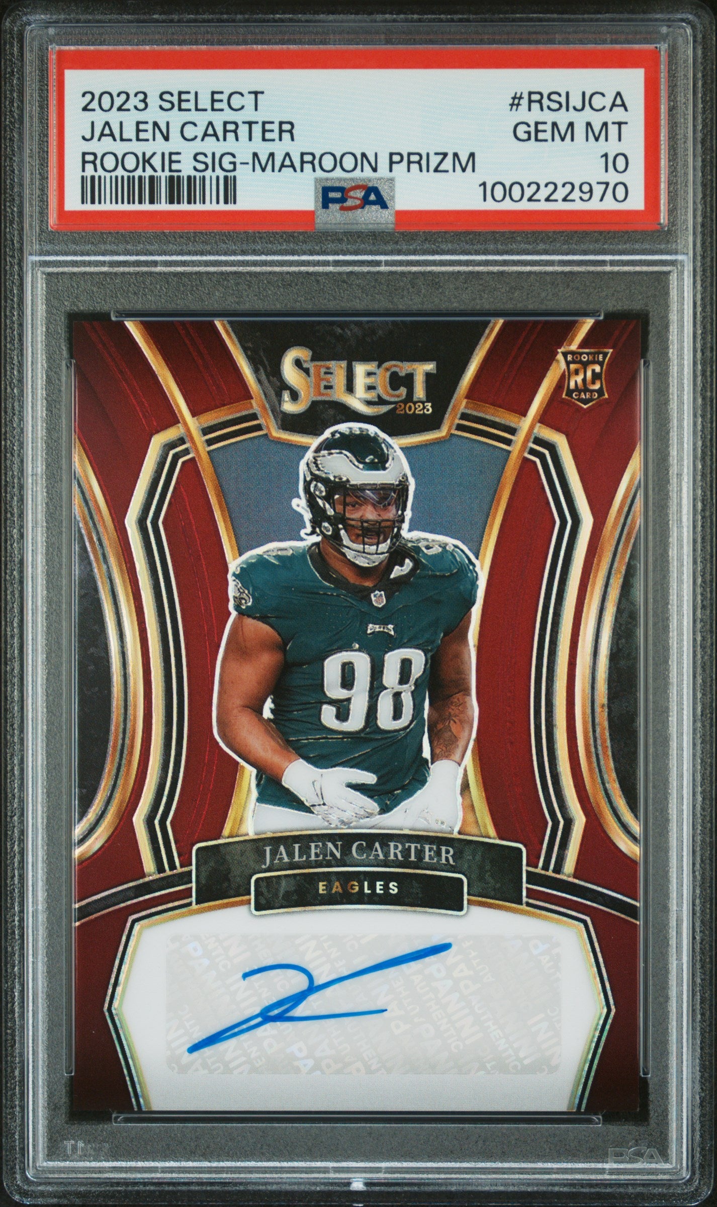 2023 Panini Select Rookie Signatures #RSIJCA Jalen Carter Maroon/75 PSA 10