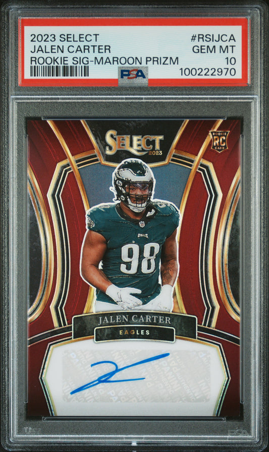 2023 Panini Select Rookie Signatures #RSIJCA Jalen Carter Maroon/75 PSA 10