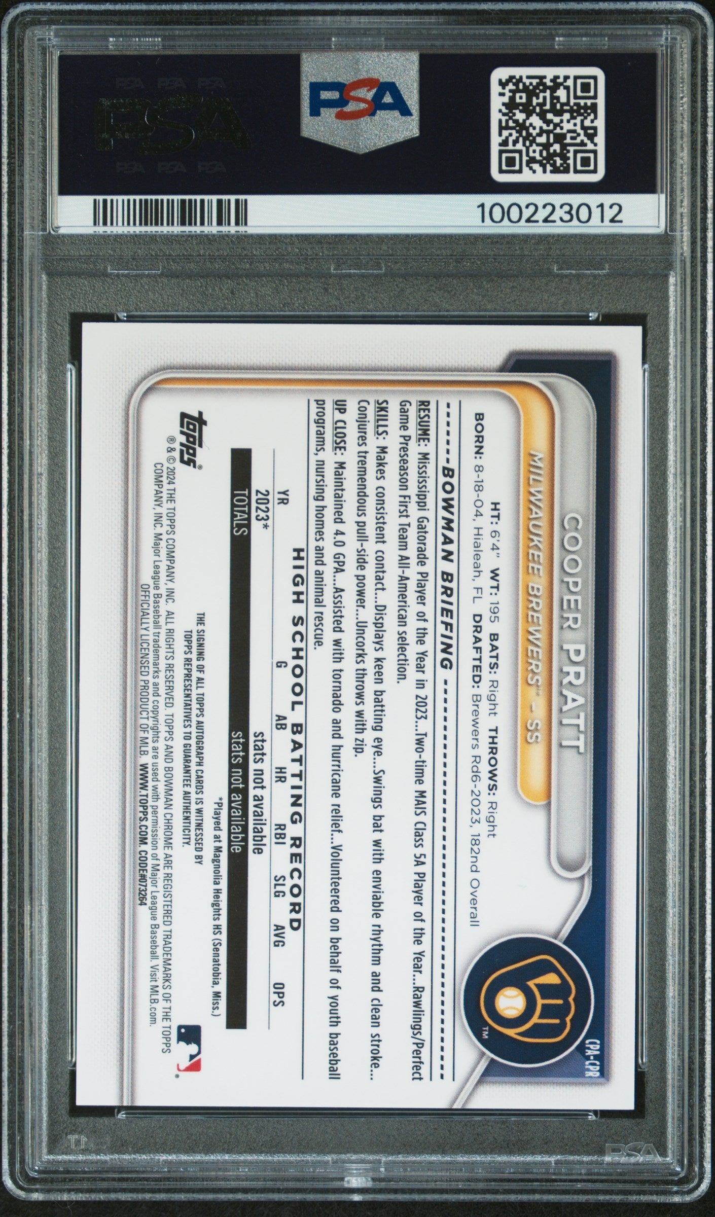 2024 Bowman Chrome Prospect Autographs #CPACPR Cooper Pratt PSA 10