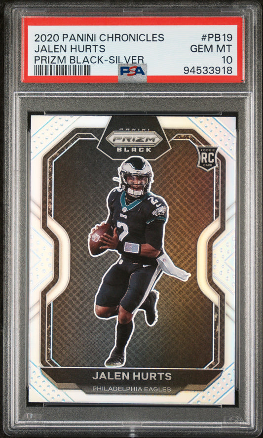 2020 Panini Chronicles Prizm Black #PB19 Jalen Hurts Prizm Black-Silver PSA 10