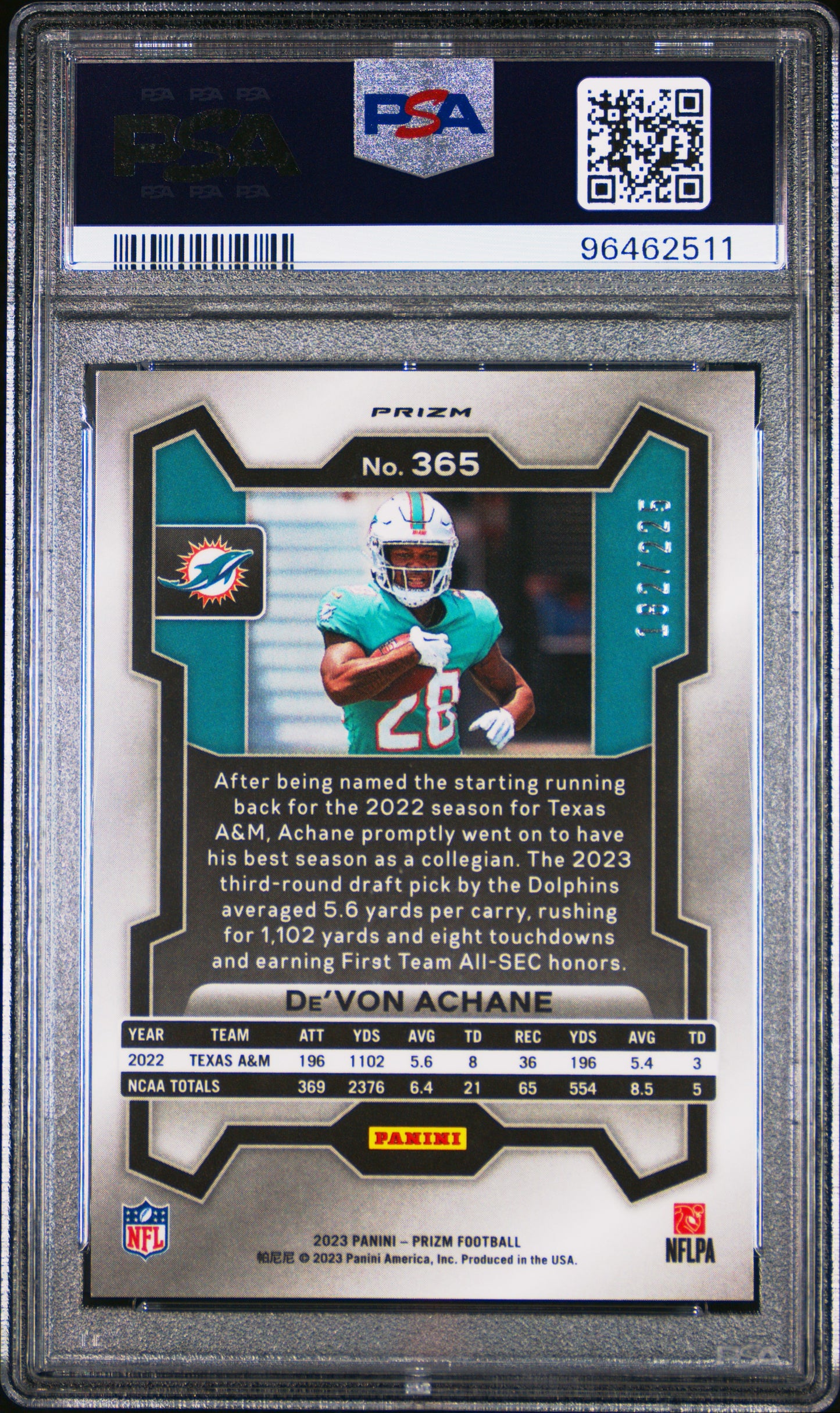 2023 Panini Prizm #365 De'Von Achane Purple Ice PSA 10