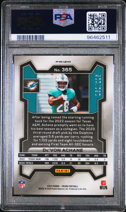2023 Panini Prizm #365 De'Von Achane Purple Ice PSA 10