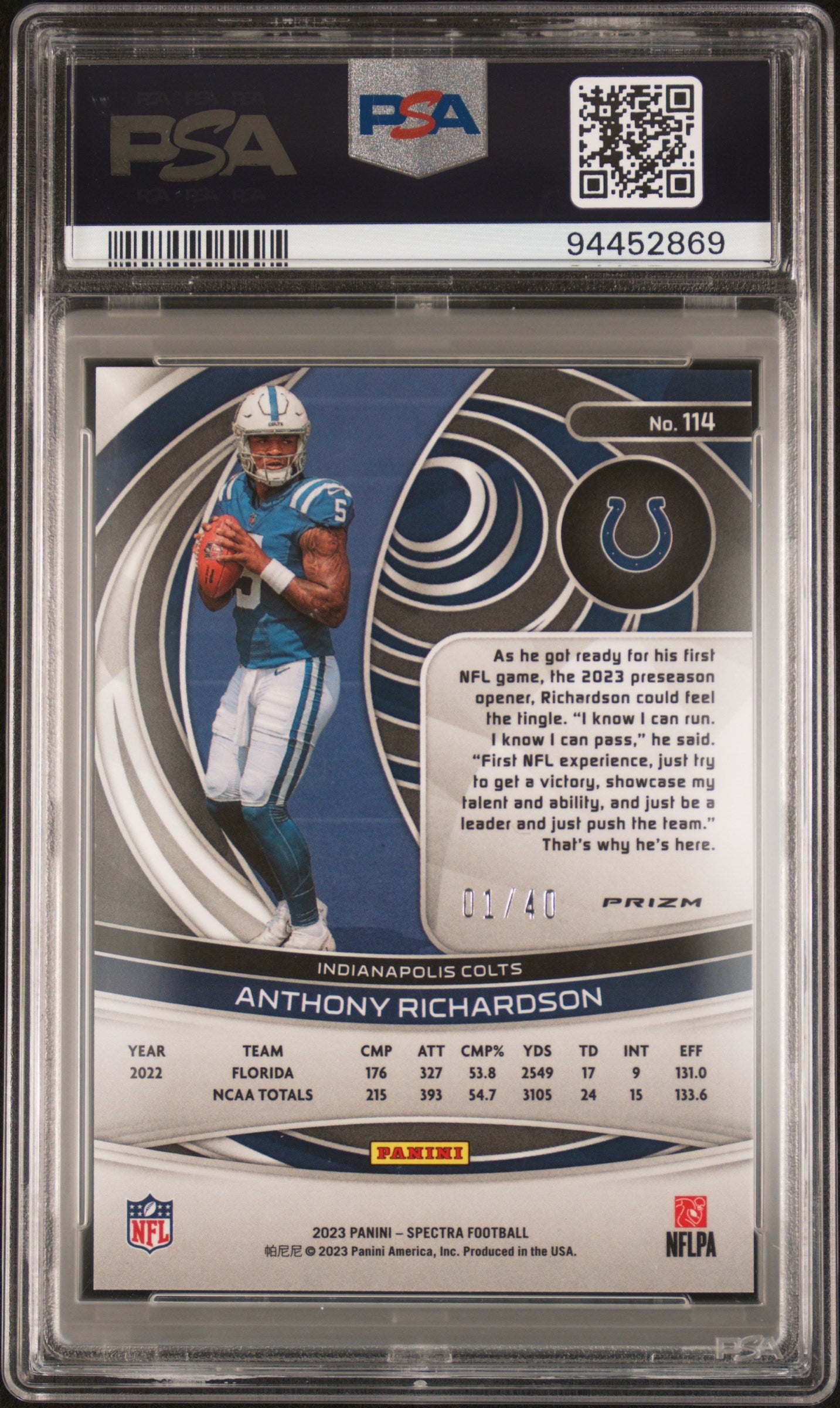 2023 Panini Spectra #114 Anthony Richardson Astral PSA 10