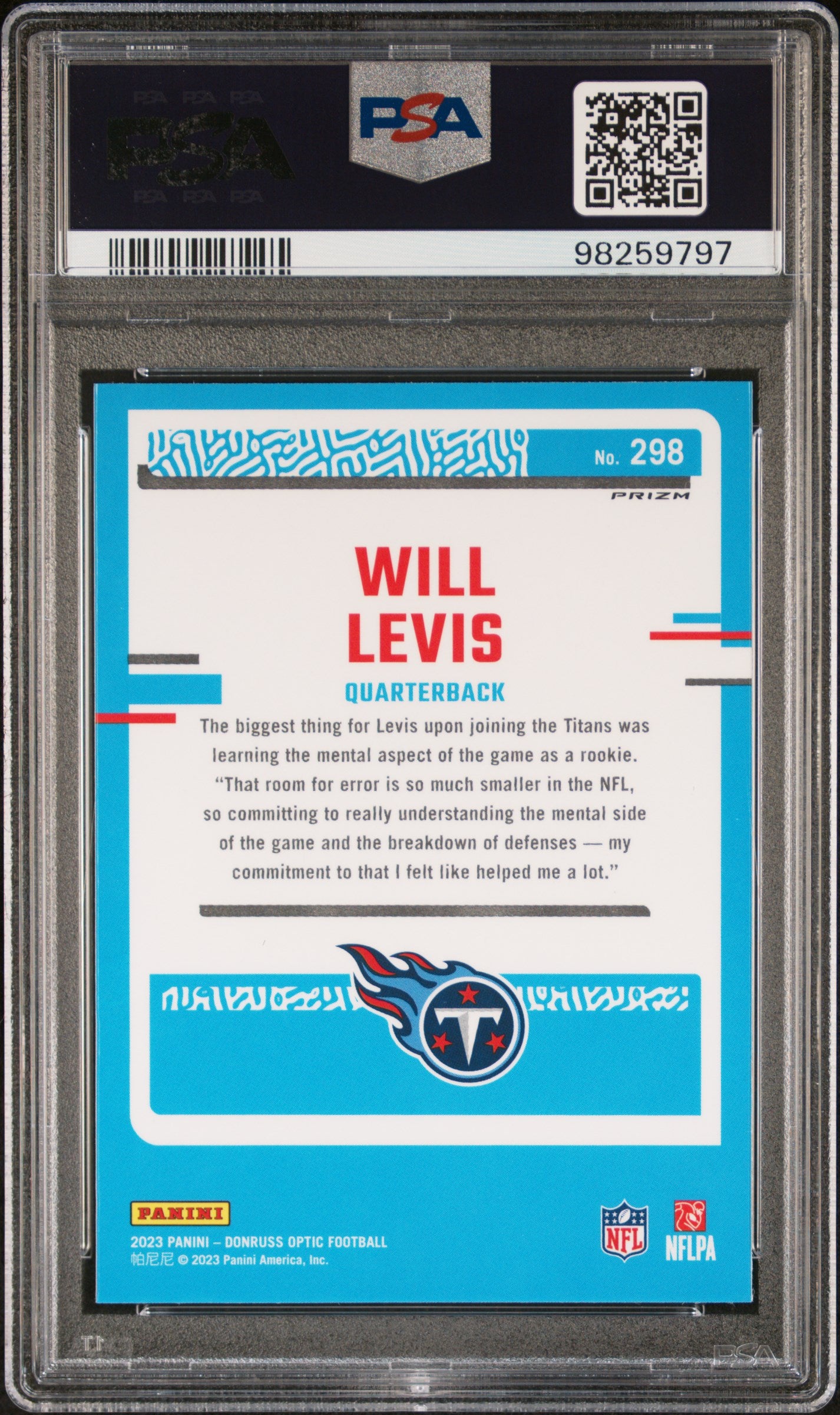 2023 Panini Donruss Optic #298 Will Levis Blue Hyper PSA 10
