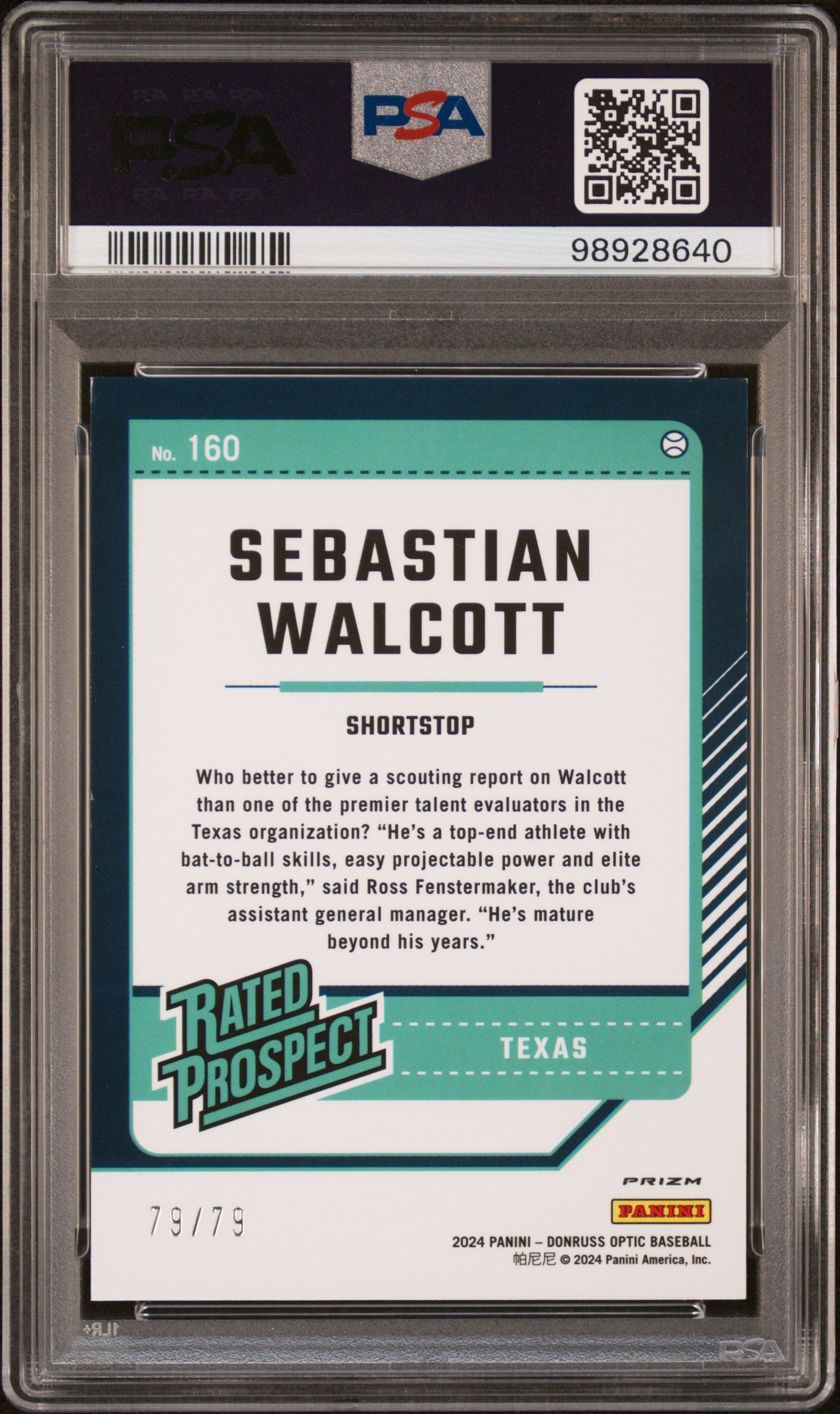 2024 Panini Donruss #160 Sebastian Walcott Optic-Pink Velocity/79 PSA 8