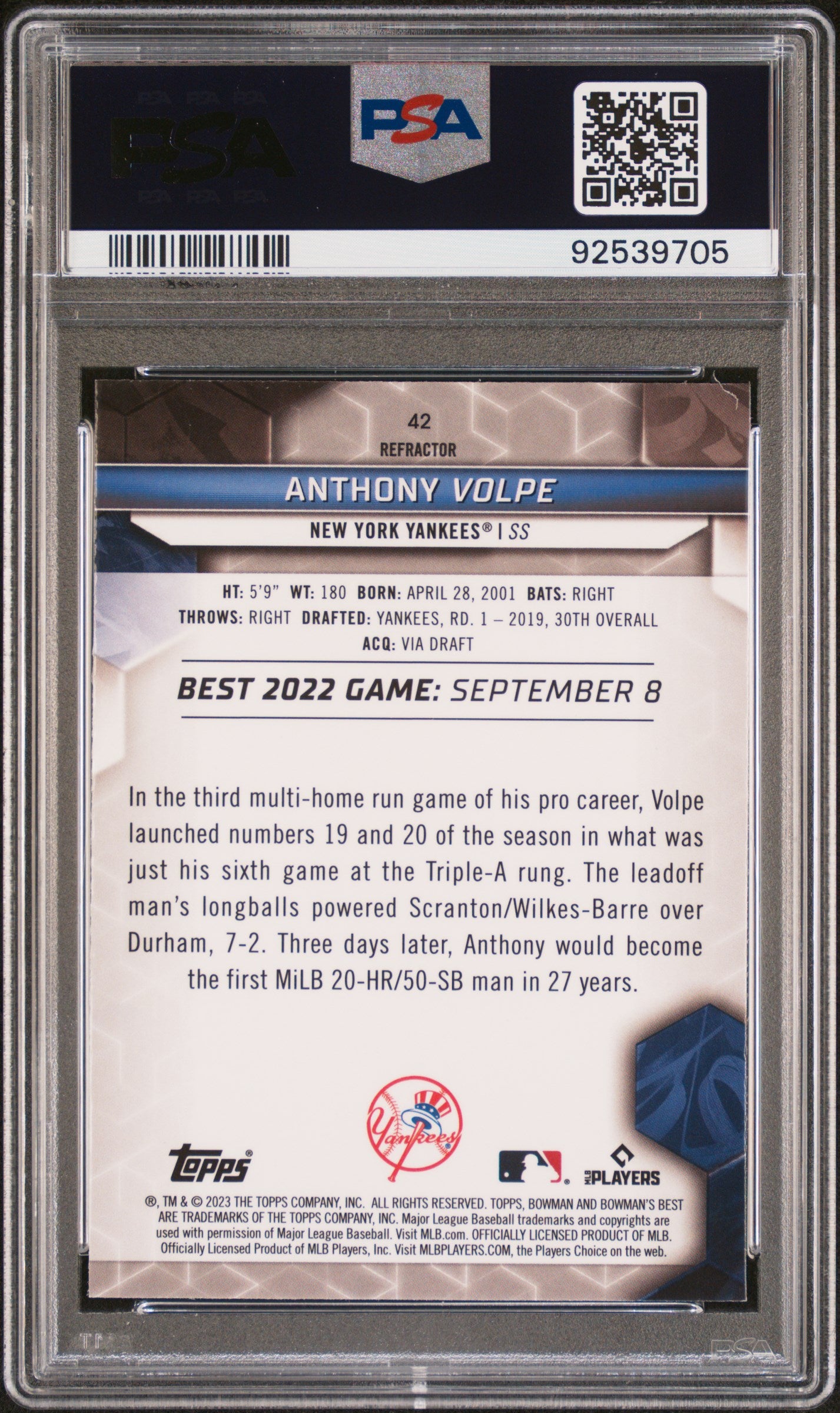 2023 Bowman'S Best #42 Anthony Volpe Refractor PSA 10