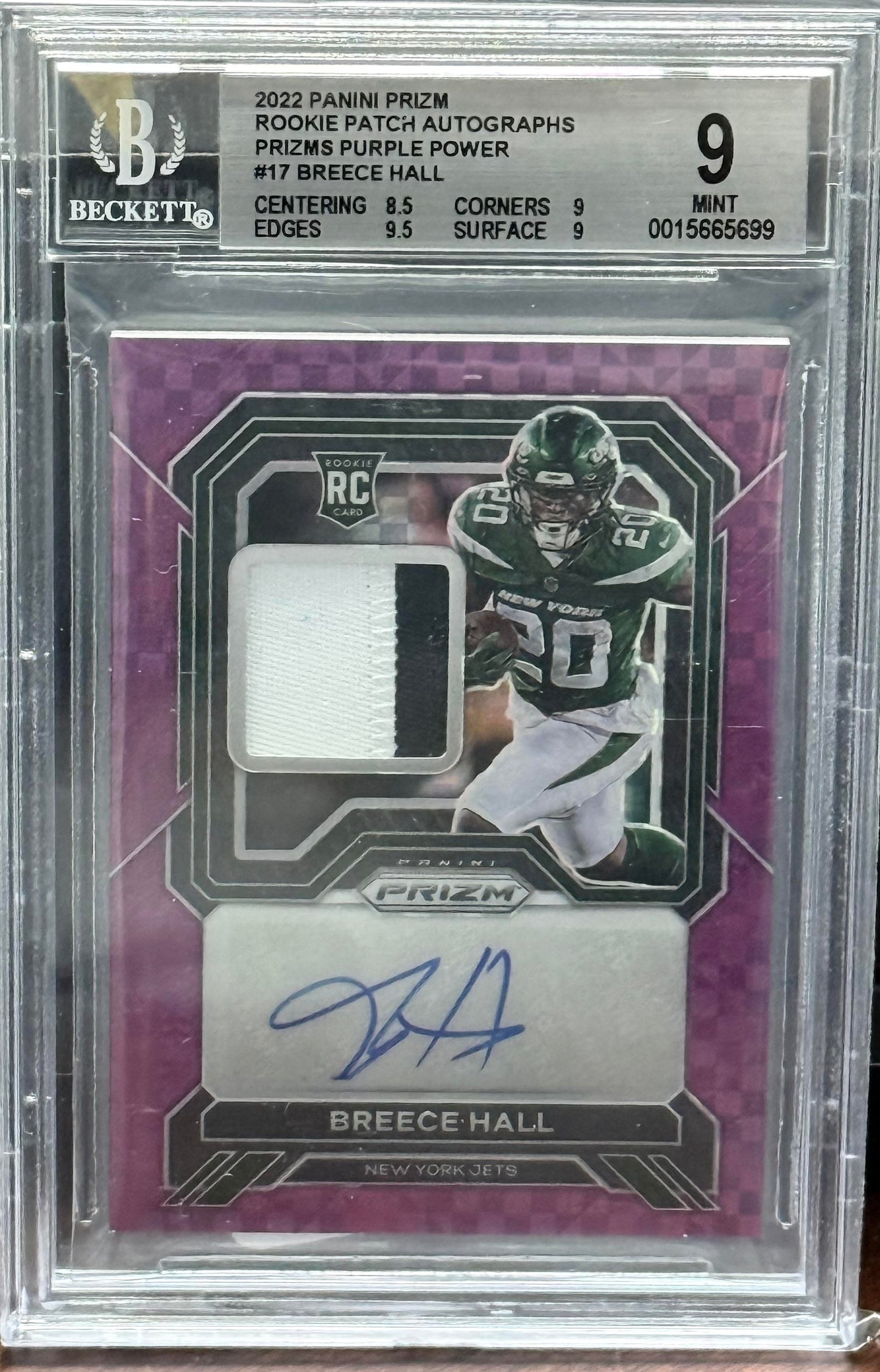 2022 Panini Prizm Rookie Patch Autographs Purple #17 Breece Hall BGS 9.0