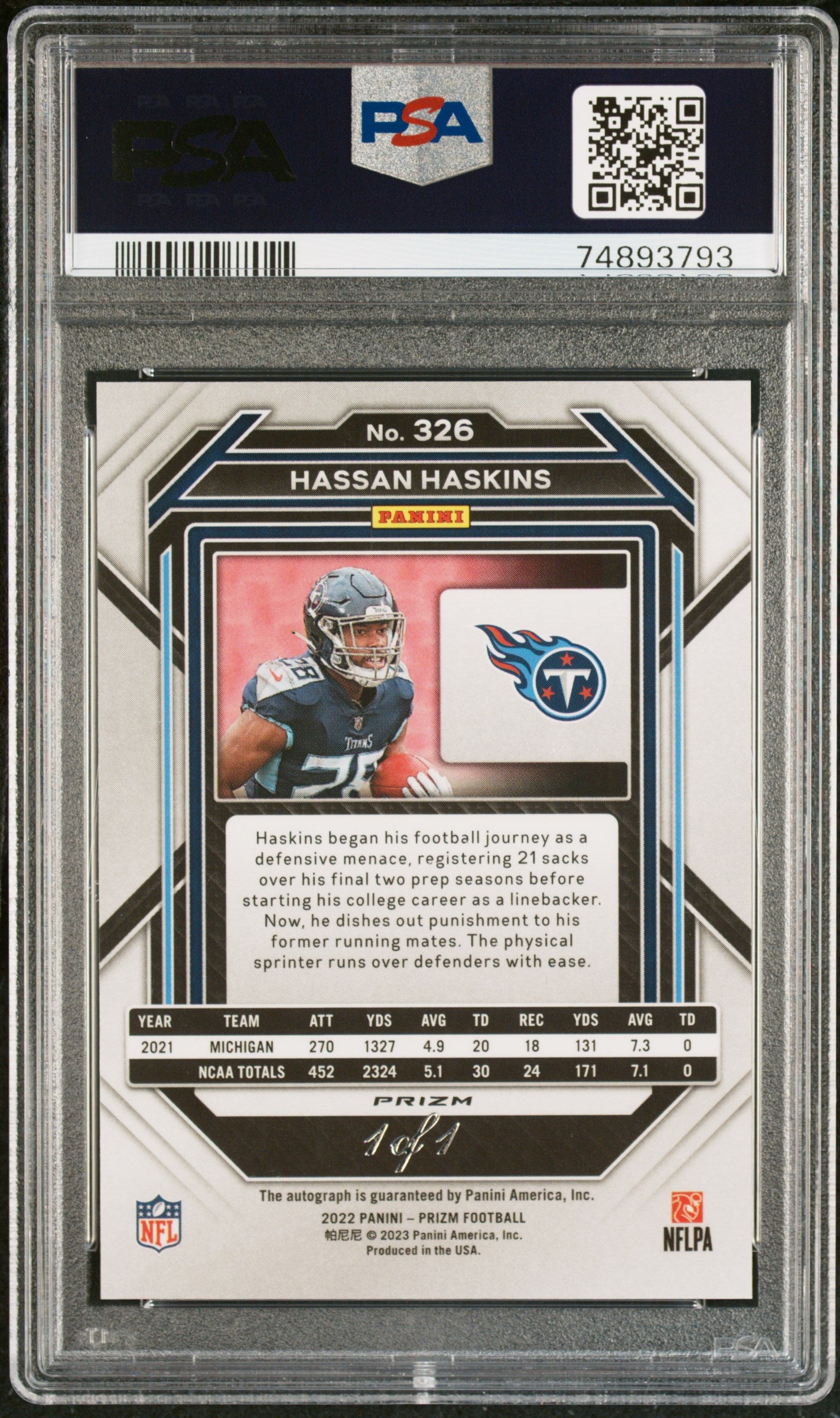 2022 Panini Prizm #326 Hassan Haskins Auto-Black Shimmer 1/1 PSA 9