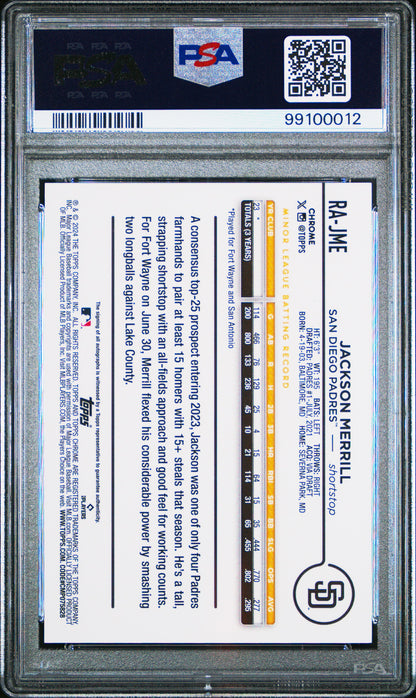 2024 Topps Chrome Rookie Autographs #RAJME Jackson Merrill PSA 10