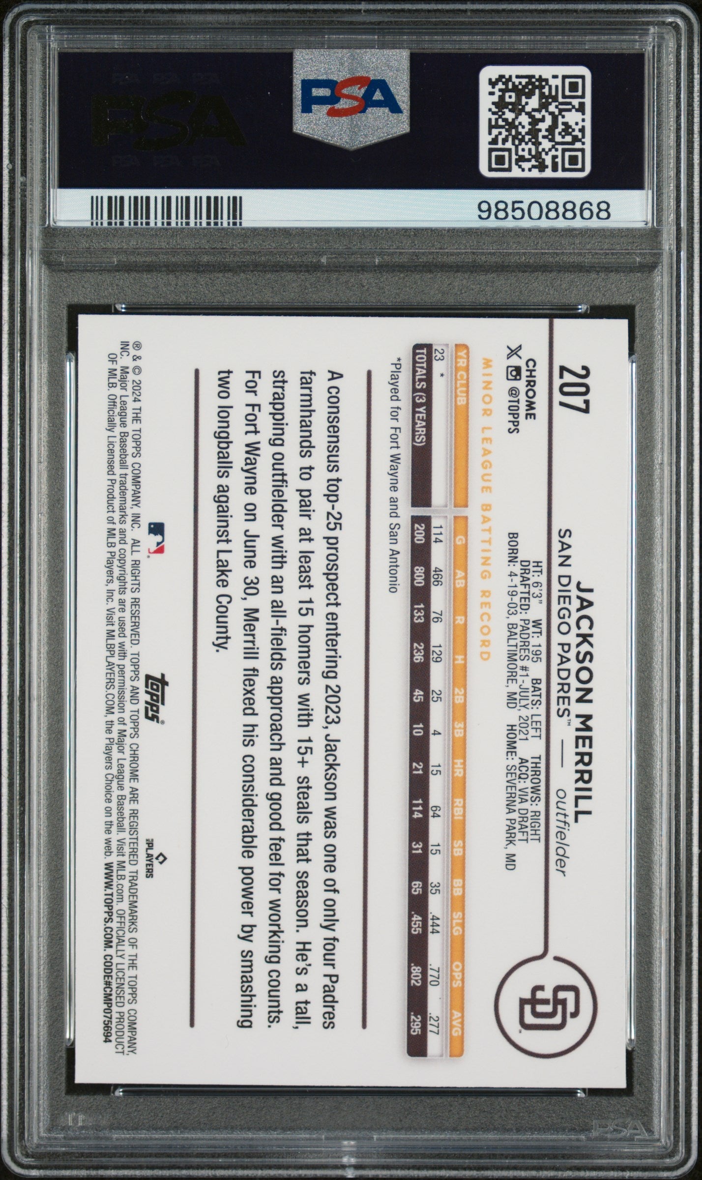 2024 Topps Chrome #207 Jackson Merrill PSA 10