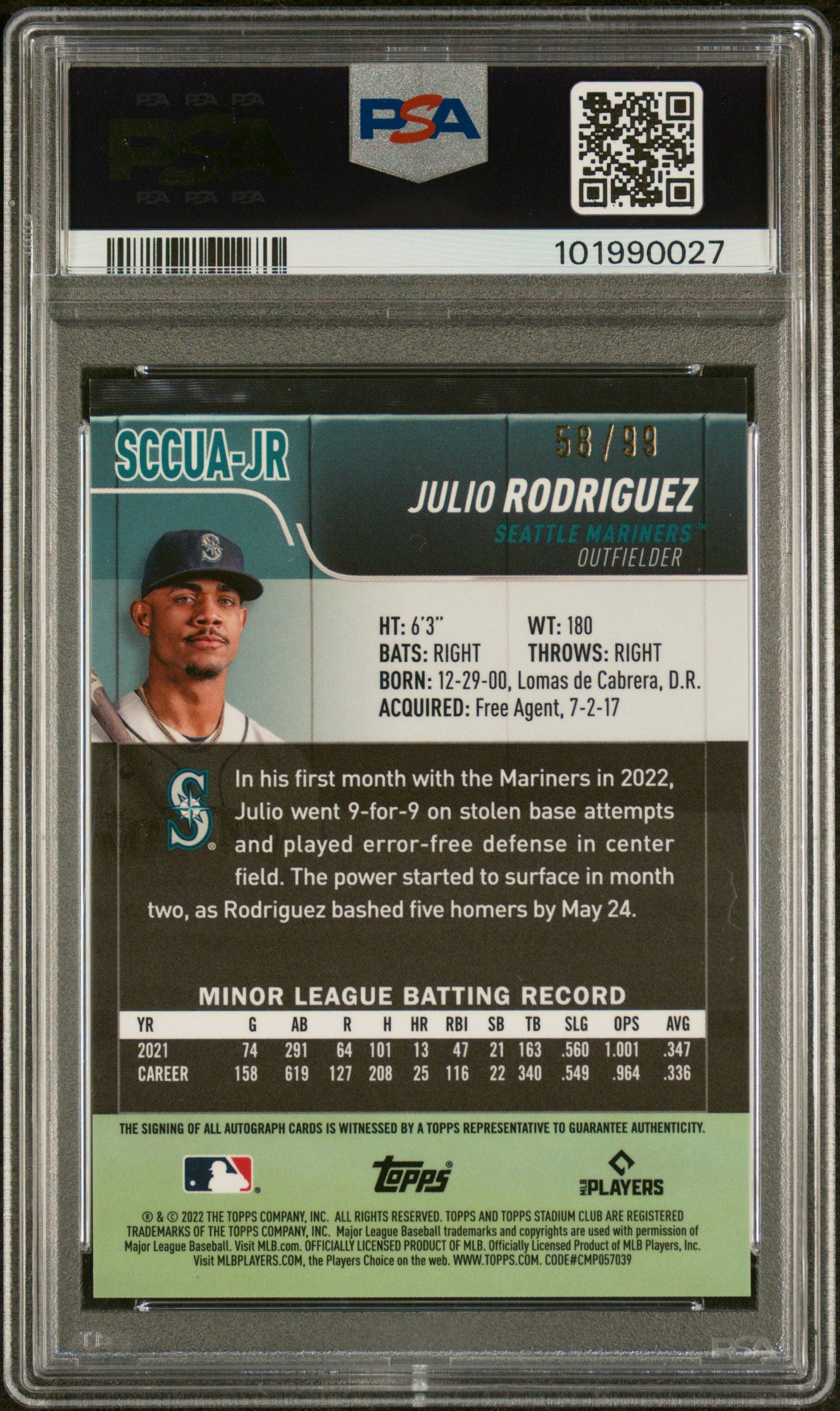 2022 Stadium Club Chrome Chrome Autographs #JR Julio Rodriguez-Green/99 PSA 9