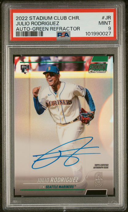 2022 Stadium Club Chrome Chrome Autographs #JR Julio Rodriguez-Green/99 PSA 9