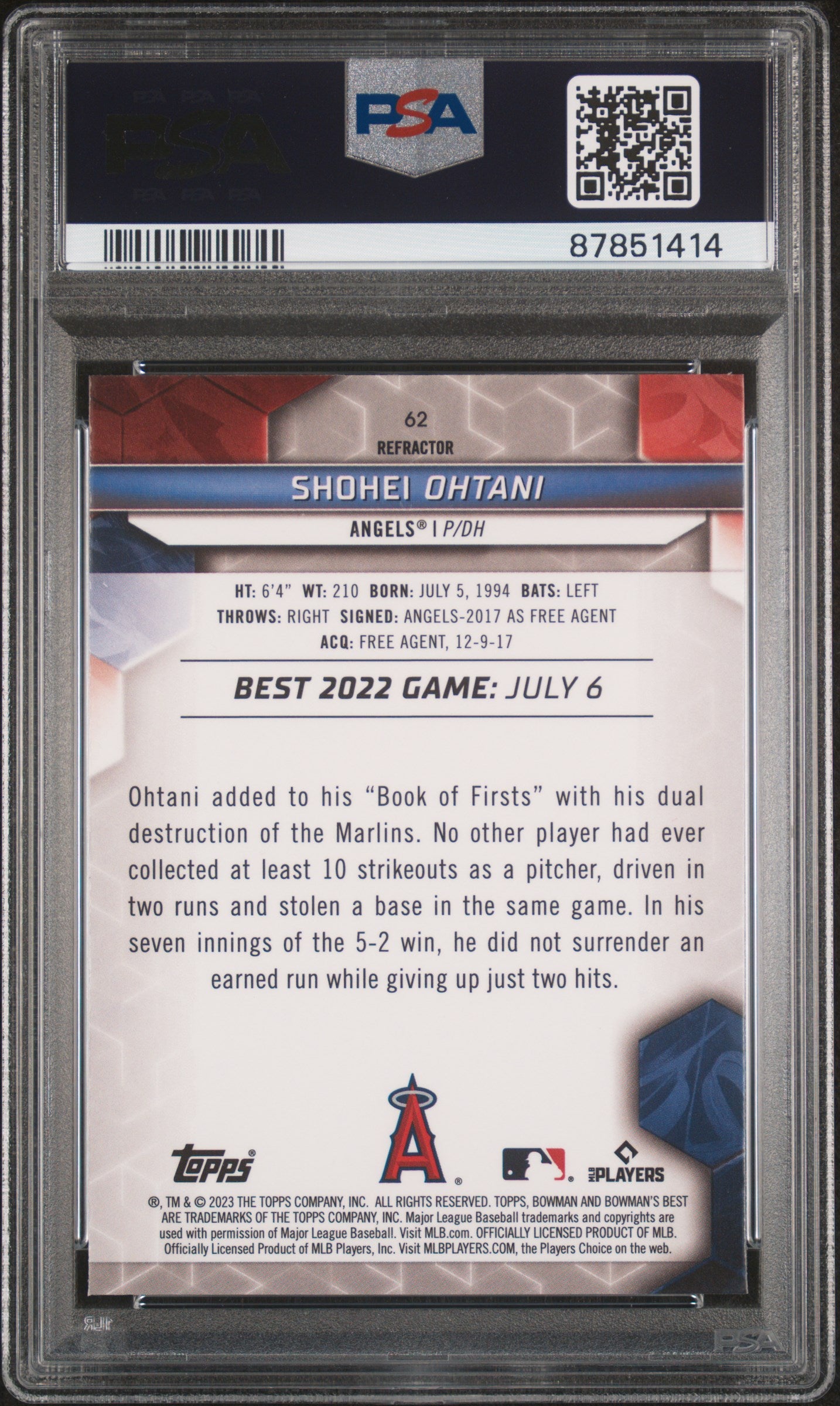 2023 Bowman'S Best #62 Shohei Ohtani Refractor PSA 10