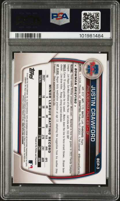 2023 Bowman Sapphire Edition Chrome Prospects #BCP3 Justin Crawford PSA 9