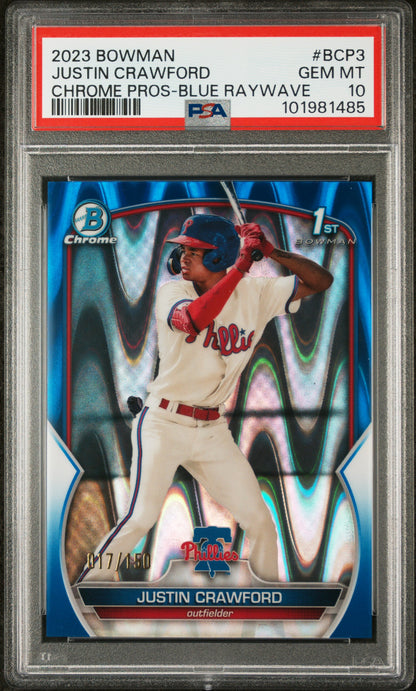 2023 Bowman Chrome Prospects #BCP3 Justin Crawford Blue Raywave PSA 10