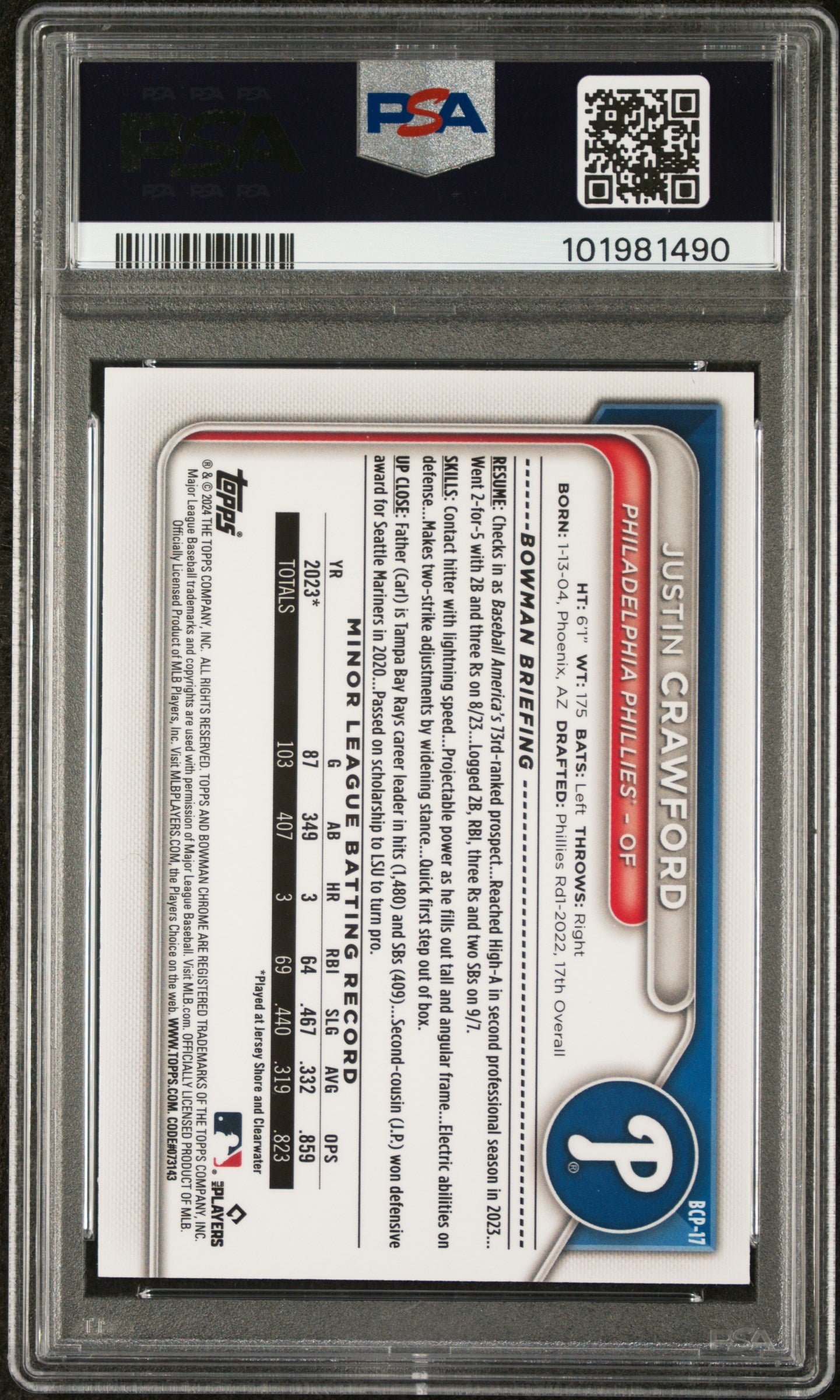 2024 Bowman Sapphire Edition Chrome Prospects #BCP17 Justin Crawford PSA 10