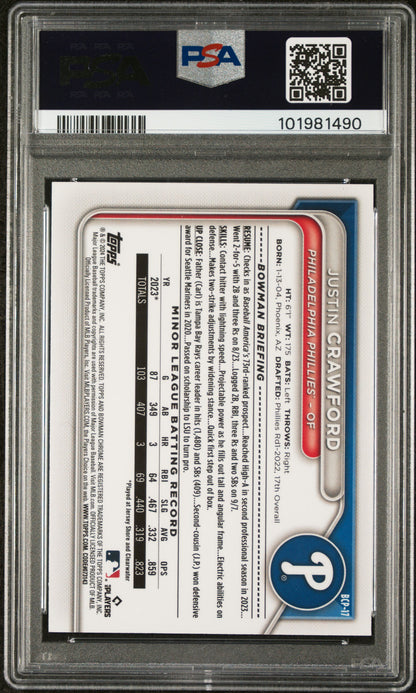 2024 Bowman Sapphire Edition Chrome Prospects #BCP17 Justin Crawford PSA 10
