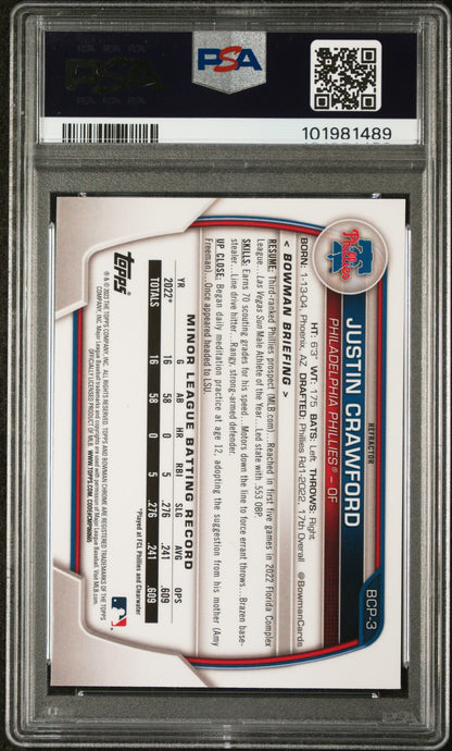 2023 Bowman Chrome Prospects #BCP3 Justin Crawford Lunar Glow PSA 10