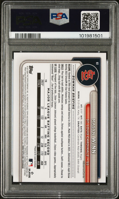 2024 Bowman Chrome Mega Box #61 Masyn Winn Yellow Refractor PSA 9