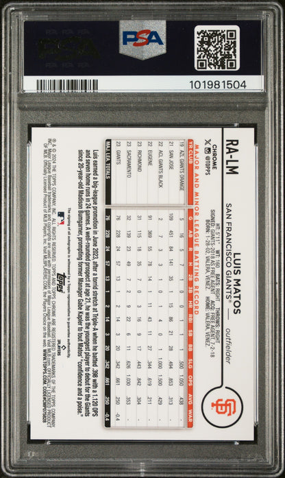 2024 Topps Chrome Rookie Autographs #RALM Luis Matos PSA 10