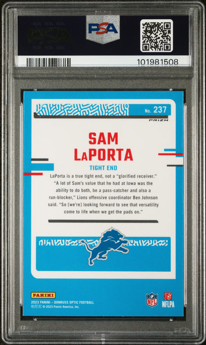 2023 Panini Donruss Optic #237 Sam Laporta Blue Glitter PSA 9