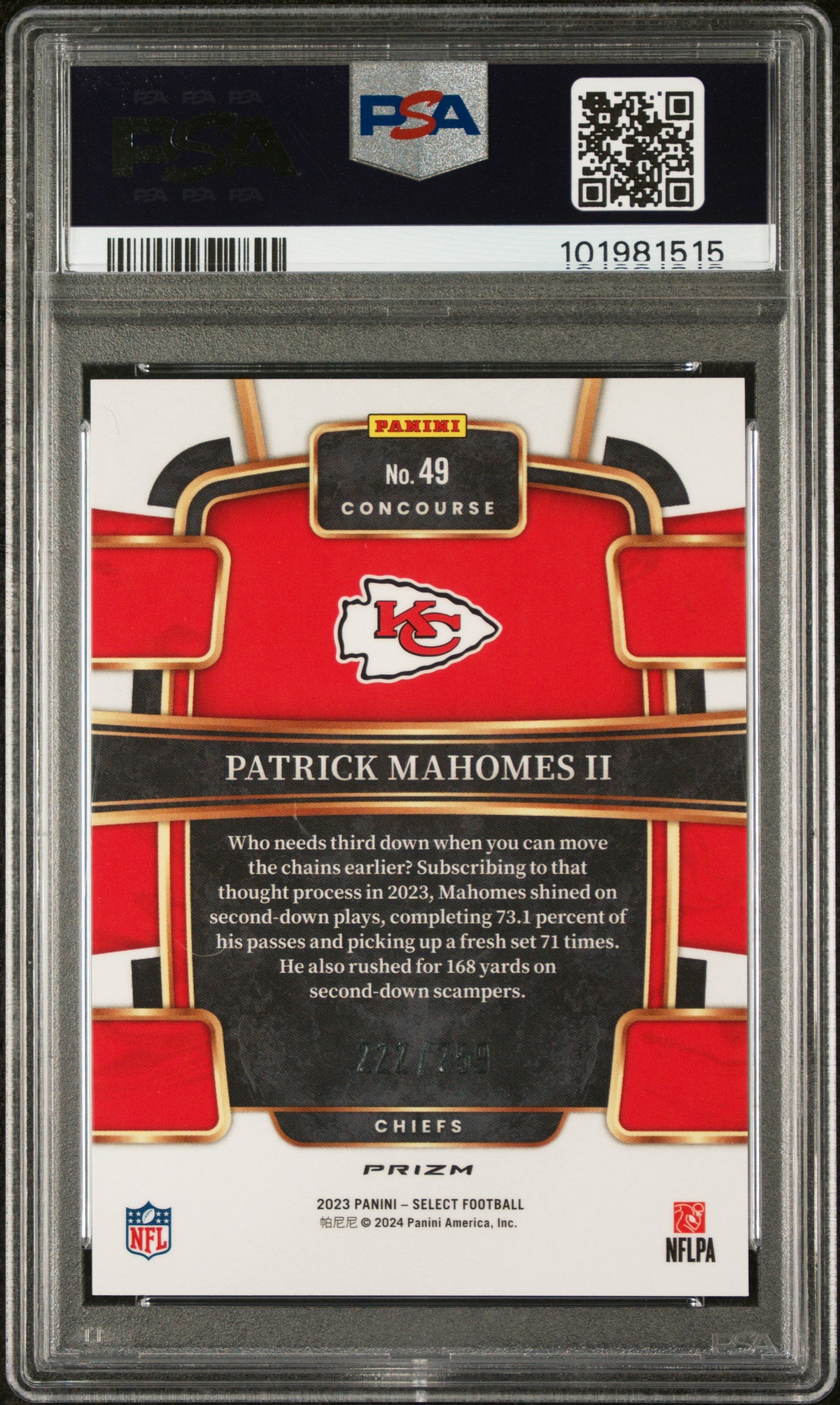 2023 Panini Select #49 Patrick Mahomes Ii Tri-Color Prizm PSA 10