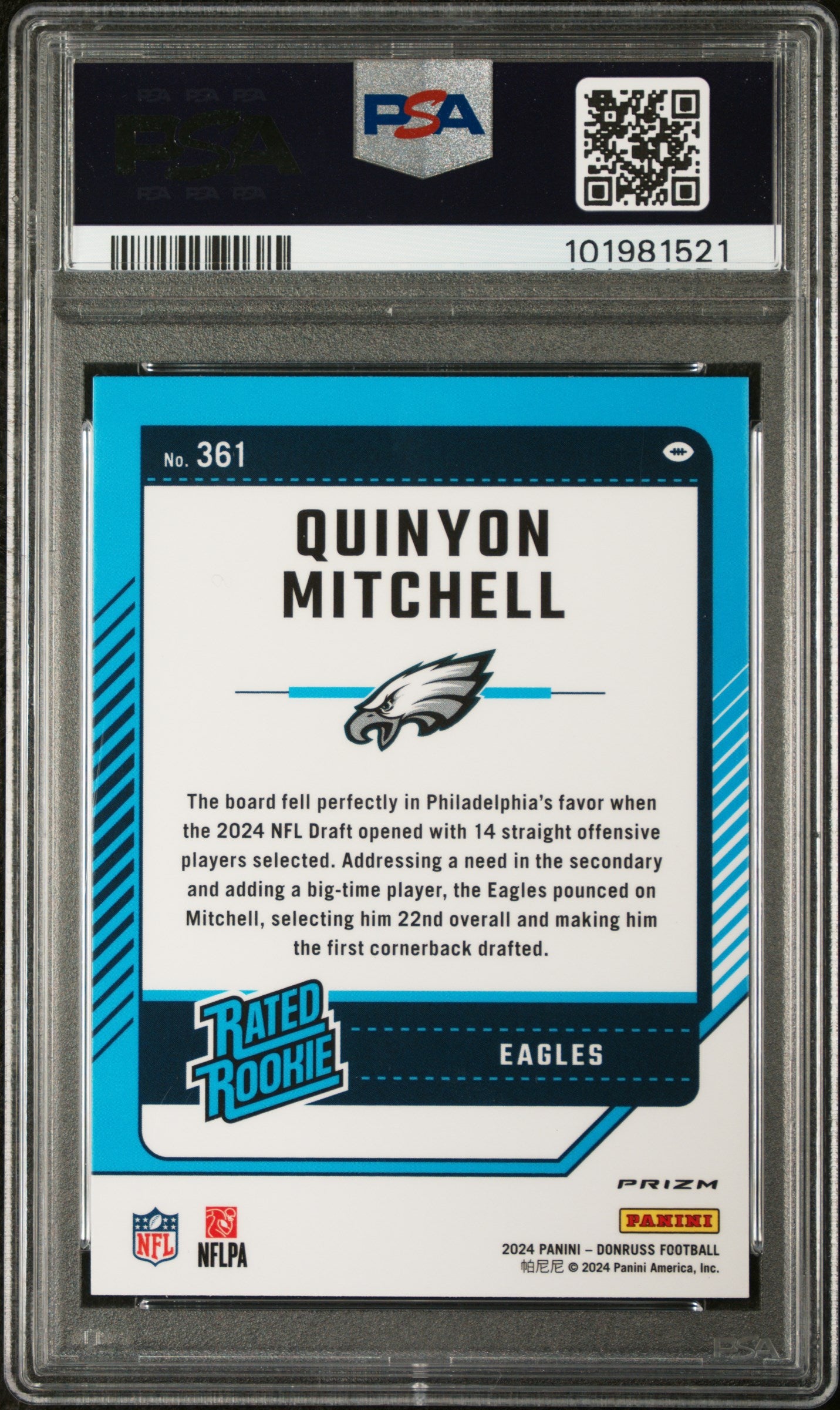 2024 Panini Donruss #361 Quinyon Mitchell Optic Preview-Red Pandora PSA 10