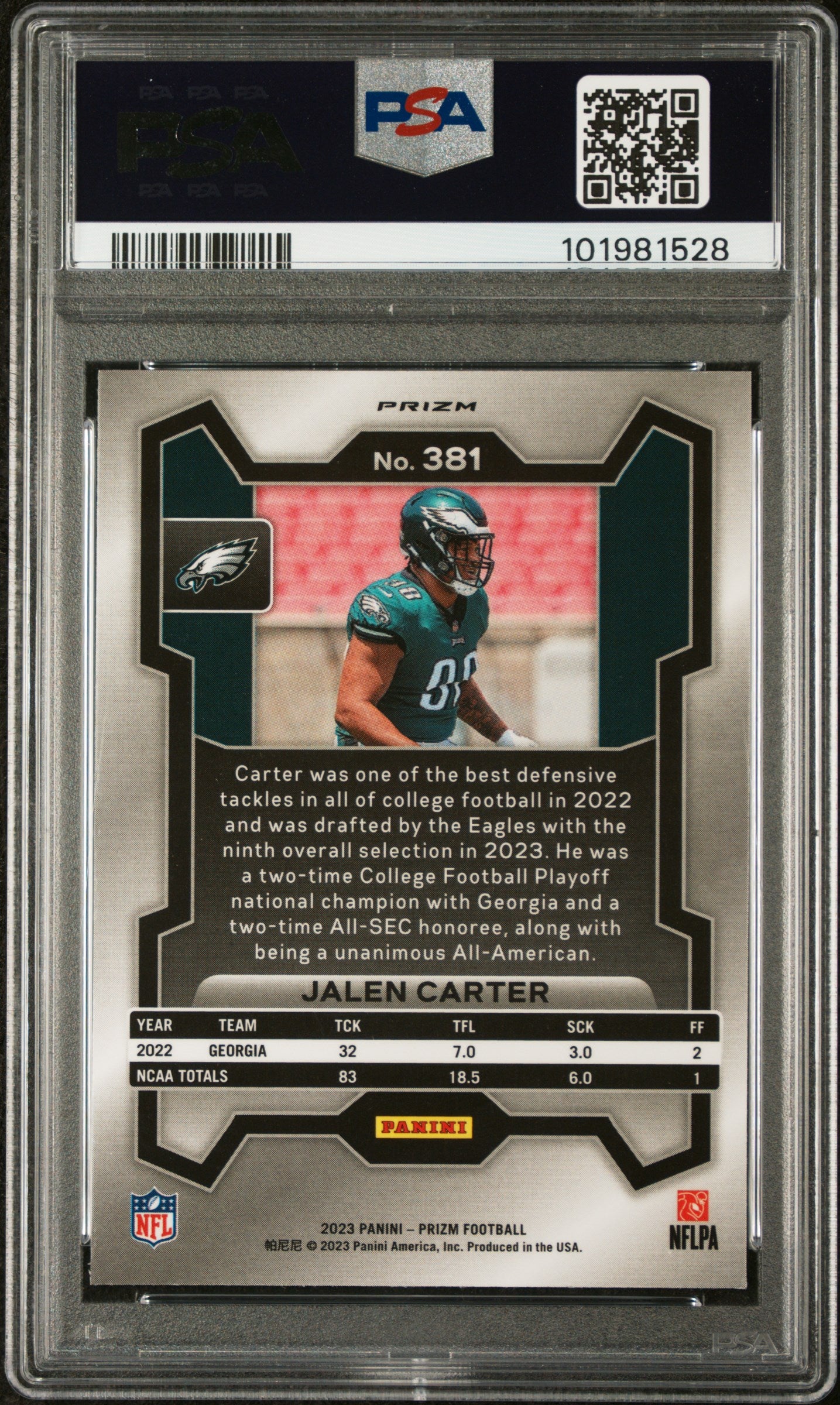 2023 Panini Prizm #381 Jalen Carter Neon Green Pulsar PSA 9