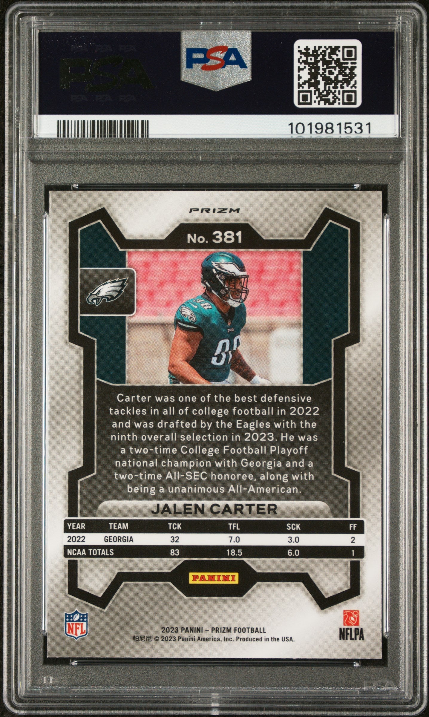 2023 Panini Prizm #381 Jalen Carter Orange Ice PSA 9