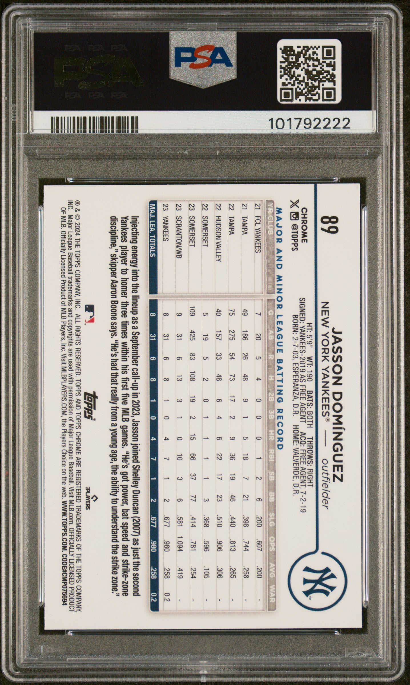 2024 Topps Chrome #89 Jasson Dominguez PSA 9