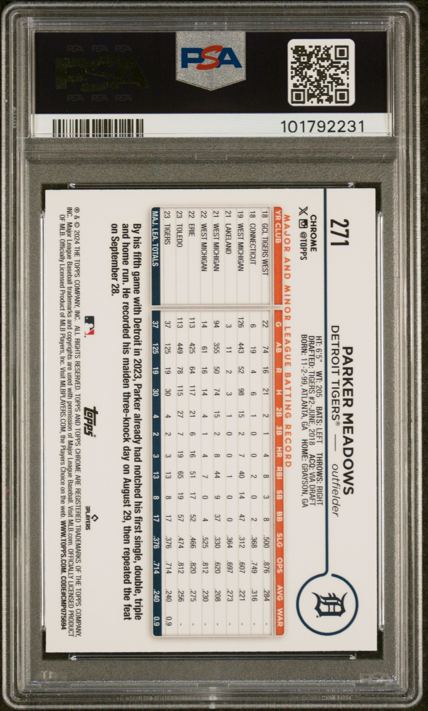 2024 Topps Chrome #271 Parker Meadows X-Fractor PSA 10