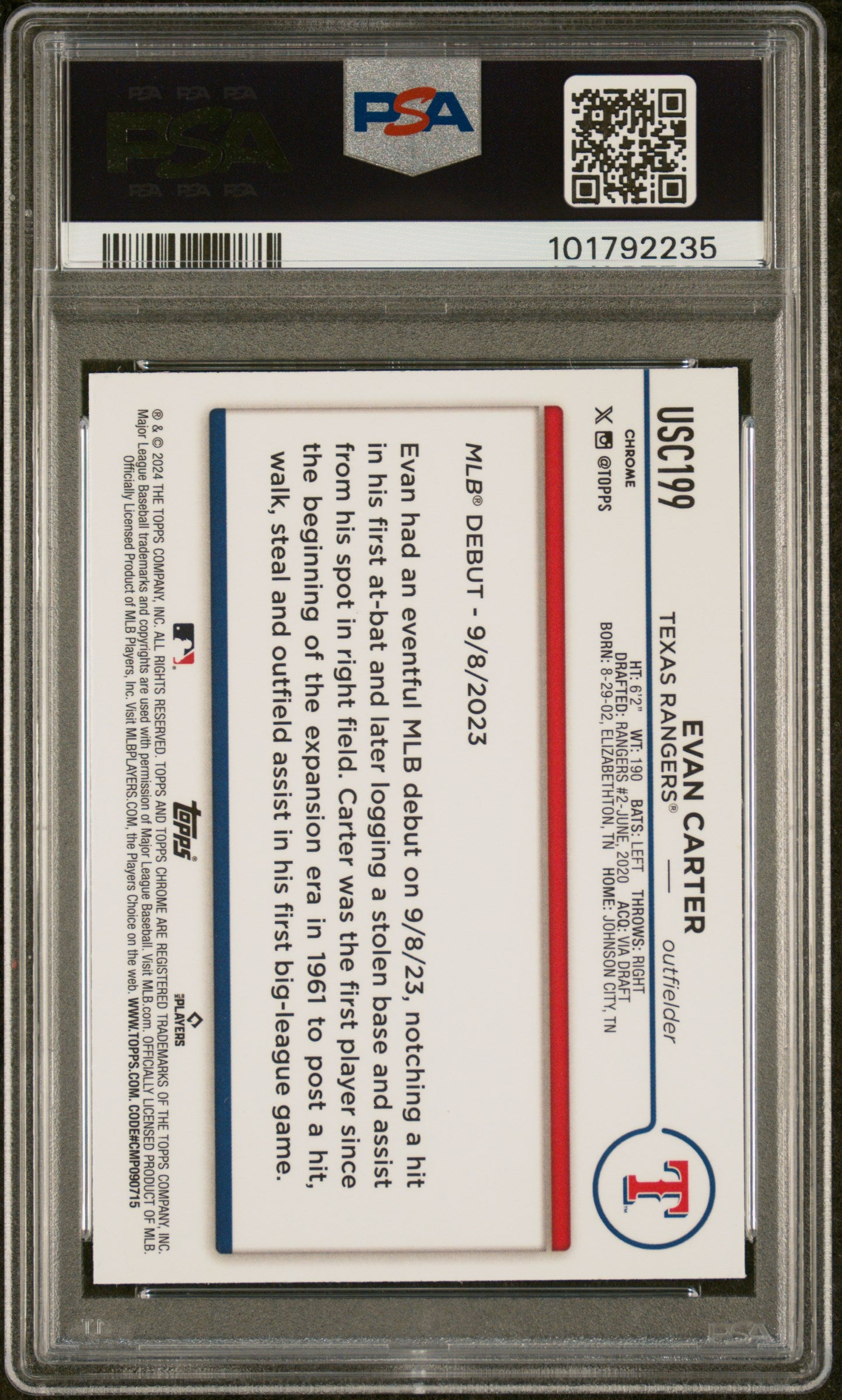 2024 Topps Chrome Update #USC199 Evan Carter PSA 9