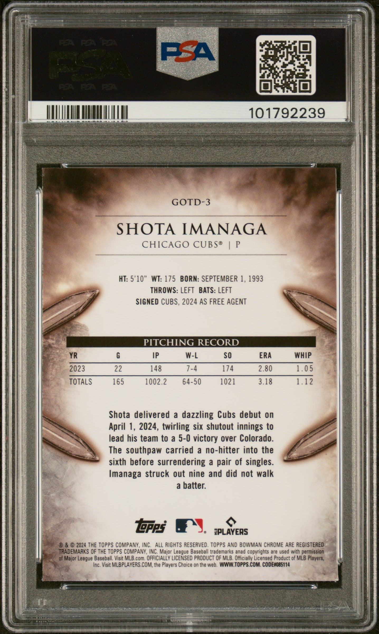 2024 Bowman Chrome Gladiators Of The Diamond #3 Shota Imanaga PSA 9