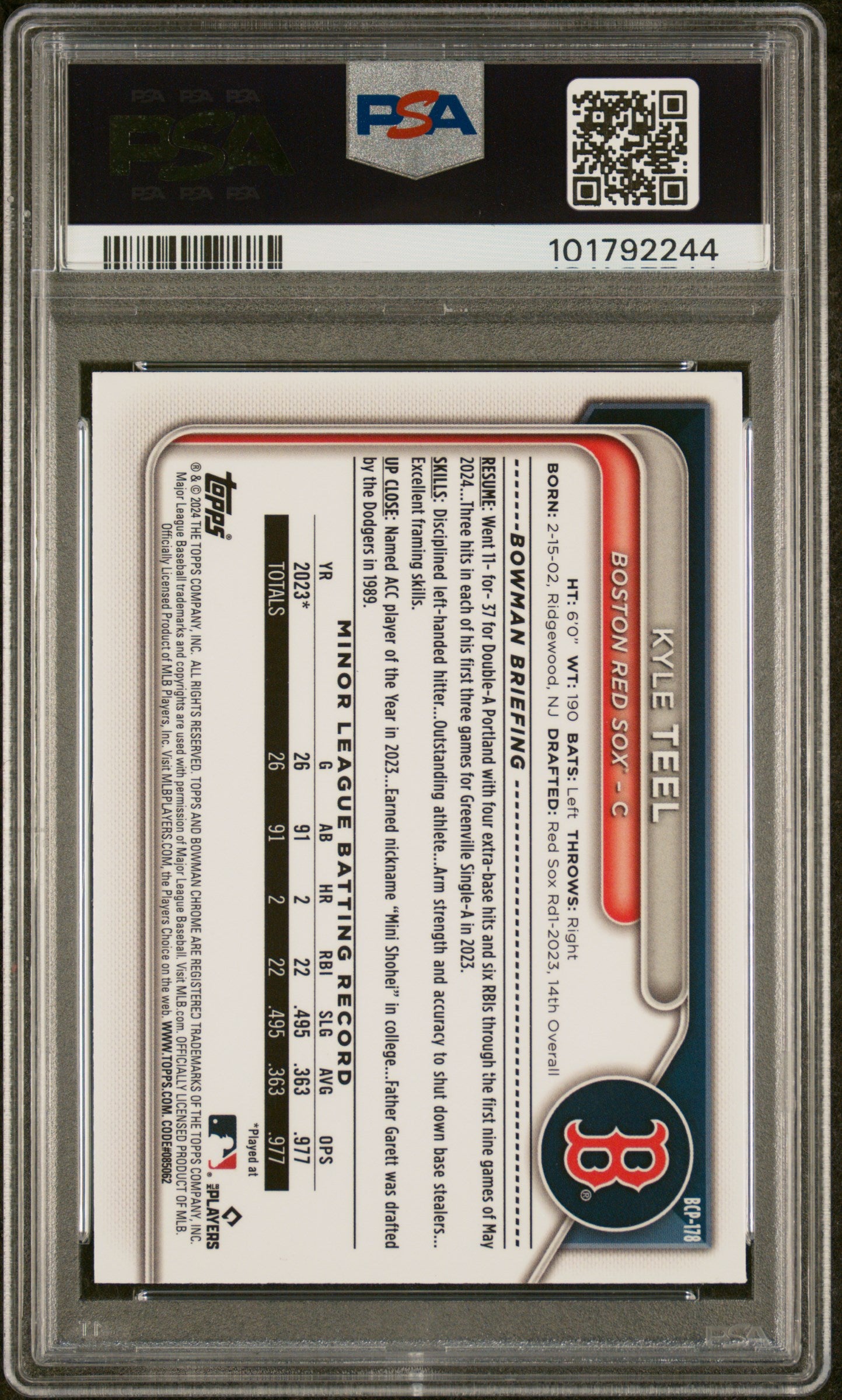 2024 Bowman Chrome Prospects #BCP178 Kyle Teel Prospects-Purple Ref PSA 10