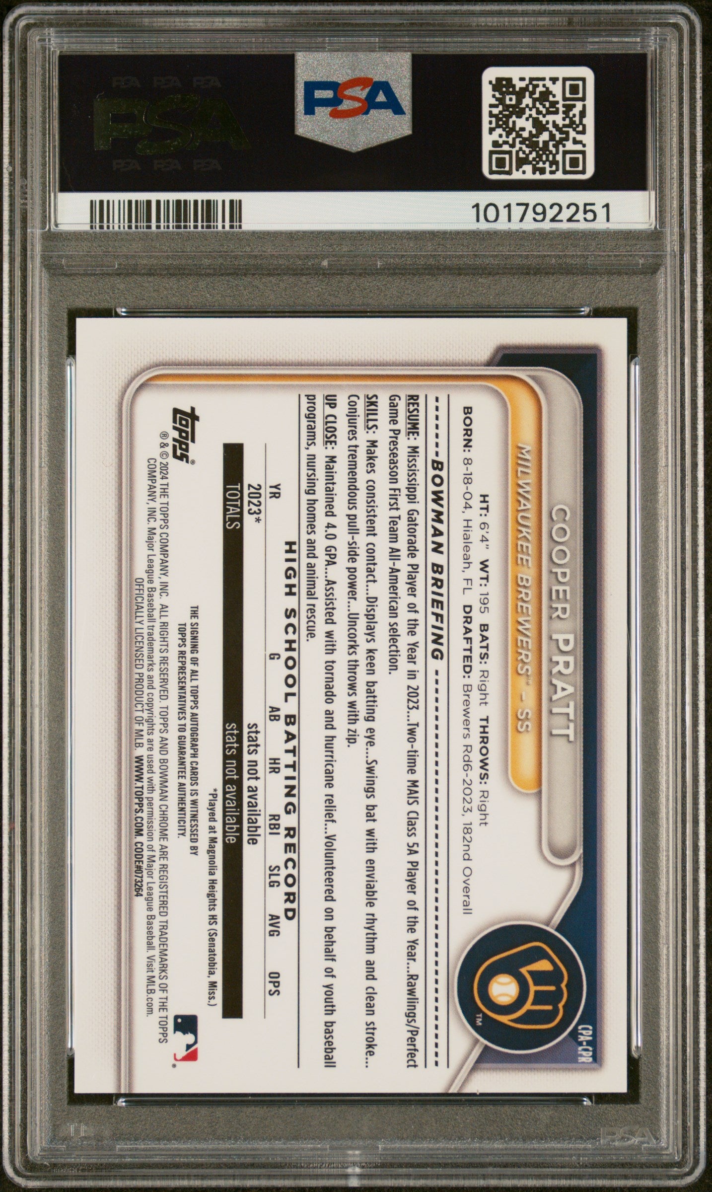 2024 Bowman Chrome Prospect Autographs #CPACPR Cooper Pratt PSA 10